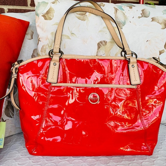 Coach Red Patent Embossed Large Satchel Bag - Picture 4 of 13